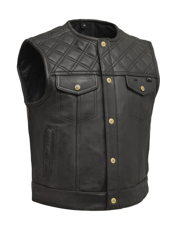 Black leather vest with quilted design on a white background